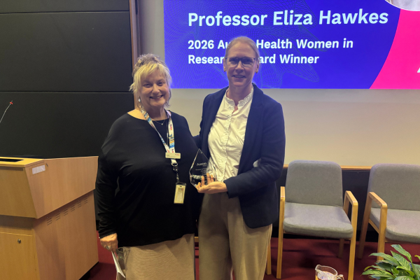 Inaugural Women in Research Award presented to Professor Eliza Hawkes in recognition of her outstanding contribution to research leadership at Austin Health's ResearchFest 2026.